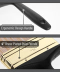 Close-up of ergonomic handle and brass ferrule of Workhorse Deck Stain Brush Set For Wood Projects 4 Pack 4 Inch Wide Soft Tip Brushes.
