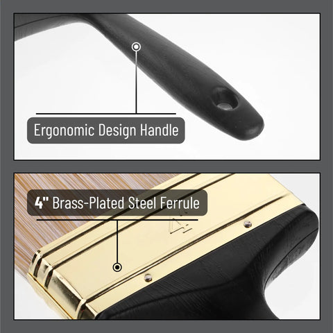 Close-up of ergonomic handle and brass ferrule of Workhorse Deck Stain Brush Set For Wood Projects 4 Pack 4 Inch Wide Soft Tip Brushes.