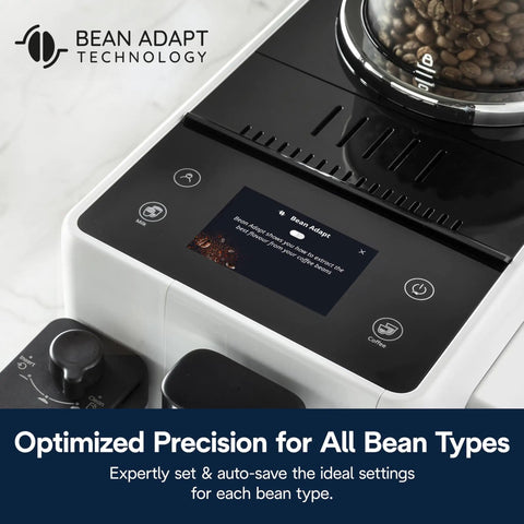 One Touch Automatic Espresso Machine With Integrated Grinder And Smart Milk Frother In Sleek White Delivers Eighteen Shop Quality Shots That Truly Hit Different Every Day with digital display showing Bean Adapt technology.