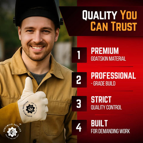 Man wearing Heavy-Duty Leather Welding Gloves With Extended Cuff For Full Forearm Protection, Heat-Resistant Goatskin Work Gloves
