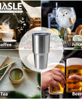 Hardcore 30oz Stainless Steel Tumbler Featuring Double Wall Vacuum Insulation That Keeps Your Drink Frosty Or Piping Hot Through Any Hustle A Tough Grab And Go Travel Coffee Mug Built To Handle Daily Grind With Matte Finish displayed with coffee, juice, tea, and beer.