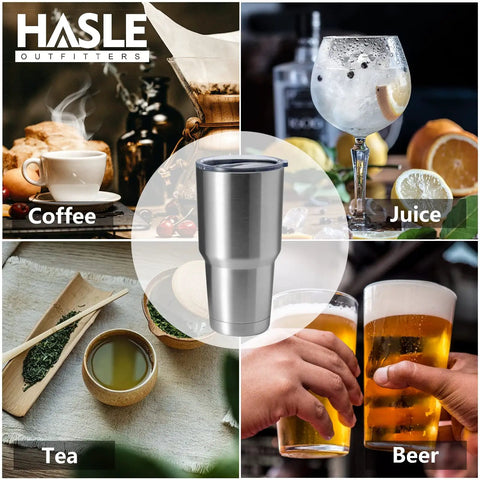 Hardcore 30oz Stainless Steel Tumbler Featuring Double Wall Vacuum Insulation That Keeps Your Drink Frosty Or Piping Hot Through Any Hustle A Tough Grab And Go Travel Coffee Mug Built To Handle Daily Grind With Matte Finish displayed with coffee, juice, tea, and beer.