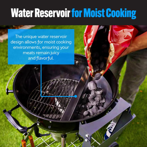 Slow N Sear Original Charcoal Basket For Weber 22 Inch Kettle Two Zone Smoker Attachment with water reservoir in use.
