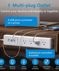 Straight Up Badass Smart Power Strip Running On Matter Tech For Apple HomeKit Alexa Google Home And SmartThings With Four AC Outlets Dual USB C Charging And Long Cable For Your Sweet Home Setup on desk with devices.