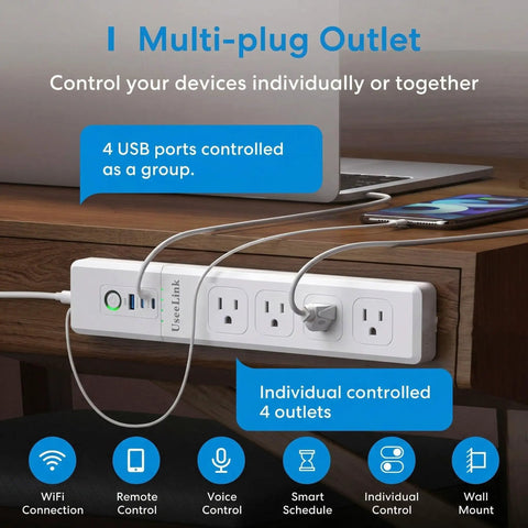 Straight Up Badass Smart Power Strip Running On Matter Tech For Apple HomeKit Alexa Google Home And SmartThings With Four AC Outlets Dual USB C Charging And Long Cable For Your Sweet Home Setup on desk with devices.