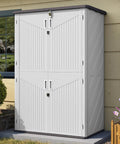 Outdoor Resin Storage Shed With Floor, 64 Cu Ft Vertical Storage Shed For Garage, Pool, Bike And Garden Gear, Waterproof Weatherproof Design, Four Door Access, Tough As Nails Backyard Storage Cabinet in backyard setting.