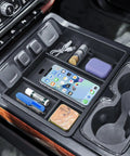 Center Console Organizer Tray For Full Console With Bucket Seats Fits 2014 2018 Chevy Silverado GMC Sierra 1500 And 2015 2019 Silverado Sierra 2500HD 3500HD Storage Compartment For Your Truck, showing organized compartments with items.