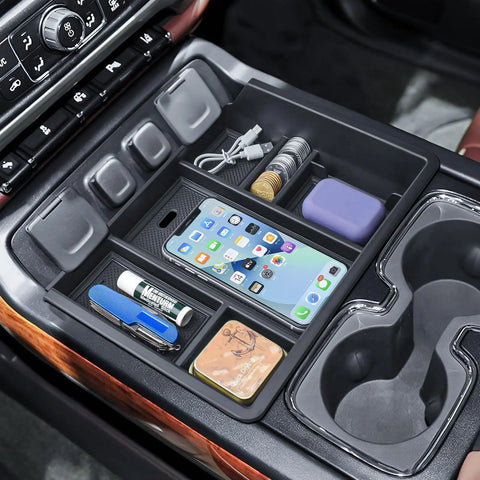Center Console Organizer Tray For Full Console With Bucket Seats Fits 2014 2018 Chevy Silverado GMC Sierra 1500 And 2015 2019 Silverado Sierra 2500HD 3500HD Storage Compartment For Your Truck, showing organized compartments with items.