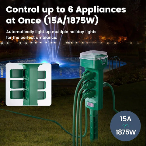 Rock Solid Outdoor Lighting Timer Featuring Dusk To Dawn Photocell Sensor With Six Weatherproof Outlets For String Lights, outdoor power timer with six outlets.