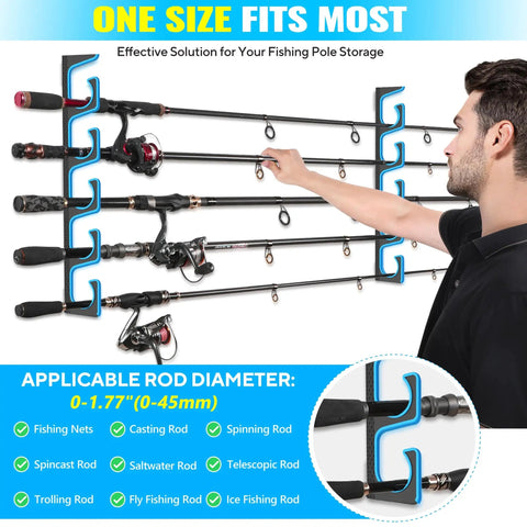 Person organizing rods on Garage Wall Or Ceiling Mounted Fishing Rod Holder With Soft TPU Protective Pad, Heavy Duty Storage Organizer.
