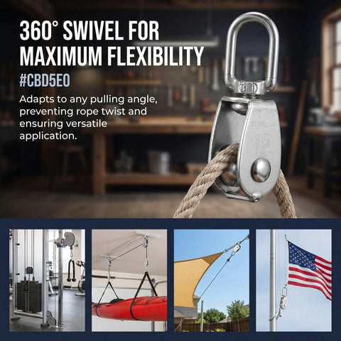Six Piece Stainless Steel Single Block Pulley Set For Gym Attachments And Boat Mounts Heavy Duty Cable Pulley Roller Versatile Attachment That Minimizes Manual Effort 15 stainless swivel pulley with rope
