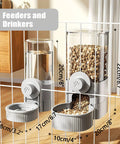 Automatic Gravity Food Feeder And Water Dispenser Combo Featuring 40 Oz Grain Bin And 17 Oz Leakproof Sipper Bottle For Rabbits Guinea Pigs Chinchillas Ferrets Cage Mount Feeding Station Grey, close-up view with dimensions