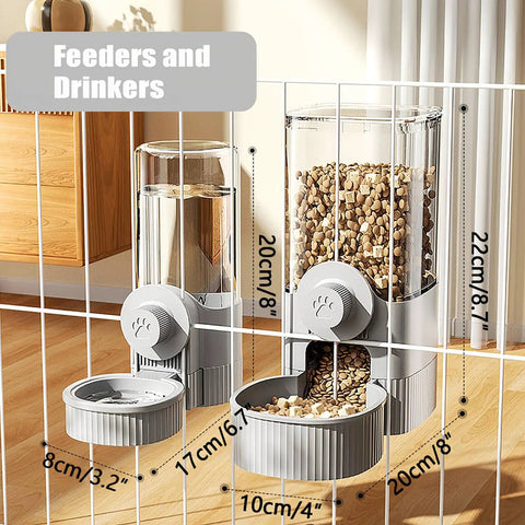Automatic Gravity Food Feeder And Water Dispenser Combo Featuring 40 Oz Grain Bin And 17 Oz Leakproof Sipper Bottle For Rabbits Guinea Pigs Chinchillas Ferrets Cage Mount Feeding Station Grey, close-up view with dimensions