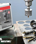 16 Piece Heavy Duty Tct Hole Saw Kit For Hard Metal, Pro Grade Tungsten Carbide Cutter Set displayed with cutters on metal surface.