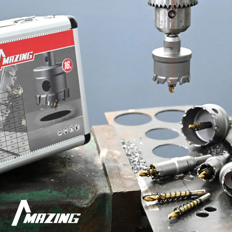 16 Piece Heavy Duty Tct Hole Saw Kit For Hard Metal, Pro Grade Tungsten Carbide Cutter Set displayed with cutters on metal surface.