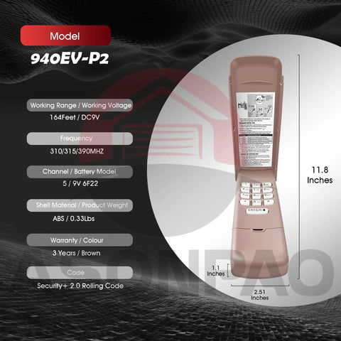 Universal Garage Door Opener Keypad All In One That Plays Nice With 17 Brands Including Chamberlain LiftMaster Craftsman Genie Linear Sears And More Works With Yellow Purple Red Orange Green Learn Button Colors Model 940EV-P2 5 Year Warranty shown open with specs.