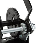 Close-up of 600 Pound Capacity Trailer Winch With Beefy All Steel Frame and Zinc Plated Hardware showing gear design