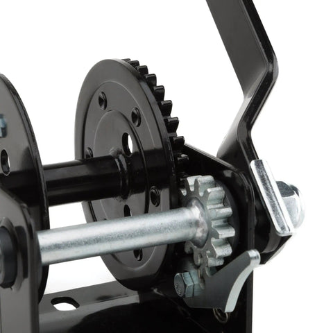 Close-up of 600 Pound Capacity Trailer Winch With Beefy All Steel Frame and Zinc Plated Hardware showing gear design