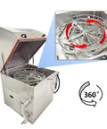 Heavy Duty High Pressure Rotary Parts Washer Featuring 360 Degree Deep Wash with open lid and stainless steel basket.
