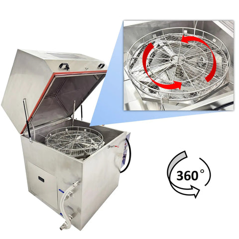 Heavy Duty High Pressure Rotary Parts Washer Featuring 360 Degree Deep Wash with open lid and stainless steel basket.