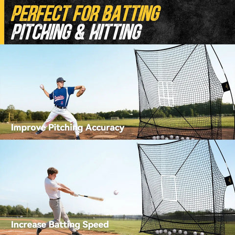 7x7 Baseball And Softball Net With Large Ball Collection System, Upgraded Triangular Base shown in outdoor use for batting practice
