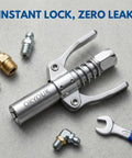 High Pressure Grease Gun Coupler For 10,000 PSI Systems, Leak Resistant One Eighth Inch NPT Thread Fitting on concrete with tools