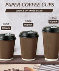 Three sizes of 80 Pack 10 Oz Insulated Paper Coffee Cups With Lids And Straws Ripple Wall Three Layer Brown Hot Beverage Cups