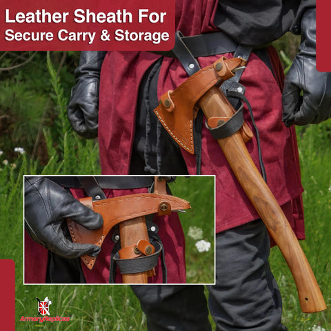 Fireman Hatchet Pickaxe Tool Hand Forged Carbon Steel Heavy Duty Demolition Axe in leather sheath for secure storage
