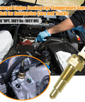 Universal Engine Cooling Fan Temperature Sensor Switch One Eighth NPT Thread 180 Fahrenheit On 165 Fahrenheit Off For Cars And Trucks Keeps Your Ride Cool And Radiator Safe, gold brass sensor in engine bay