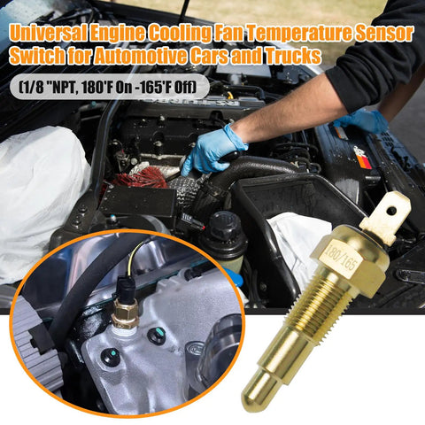Universal Engine Cooling Fan Temperature Sensor Switch One Eighth NPT Thread 180 Fahrenheit On 165 Fahrenheit Off For Cars And Trucks Keeps Your Ride Cool And Radiator Safe, gold brass sensor in engine bay
