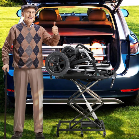 Lightweight Foldable Electric Scissor Lift With Whisper Quiet Motor And Zero Shake Platform for cargo transport next to a smiling man.