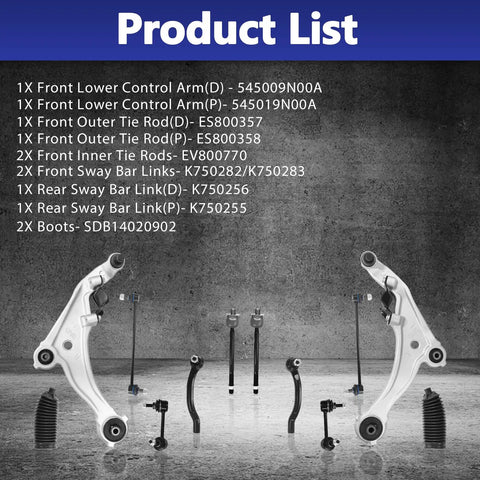 Front Suspension Lower Control Arm Set Of 12 With Ball Joint Bushings Front And Rear Stabilizer Sway Bar Link Tie Rod Boot Assembly Replacement For Nissan Maxima 2009 2010 2011 2012 2013 2014 K622059 K622054 image showing product components against gray background.