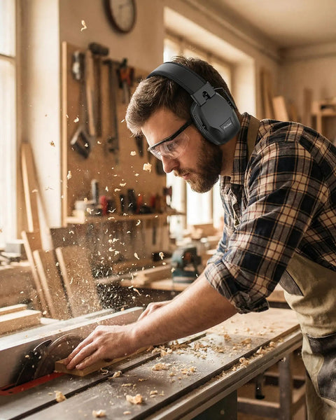 High Quality Hearing Protection Ear Muffs SNR 29 dB being used by a man woodworking, adjustable headband visible