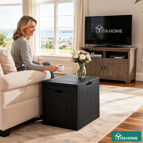30 Gallon Outdoor Storage Deck Box Made From Waterproof Resin With Lockable Lid For Cushions Pool Accessories And Garden Tools A Versatile Patio Table All In One Go To Storage Ottoman For Indoor Or Outdoor Use as a side table in living room