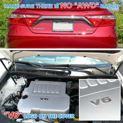 Toyota Camry rear without AWD badge, engine bay showing V6 logo, supporting Beefy Front CV Axle Set For Toyota Camry 2007 To 2017.