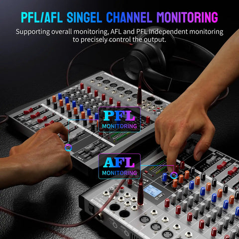 Hands adjusting controls on Six Channel DJ Mixer With Bluetooth Streaming And USB Interface, showing PFL/AFL channel monitoring.