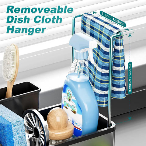 Stainless Steel Sink Caddy With Sponge Holder And Brush Holder Plus Towel Rack And Soap Dispenser Kitchen Sink Organizer For Countertop Must Have Rustproof Easy To Clean Modern Black Finish with removable dish cloth hanger.