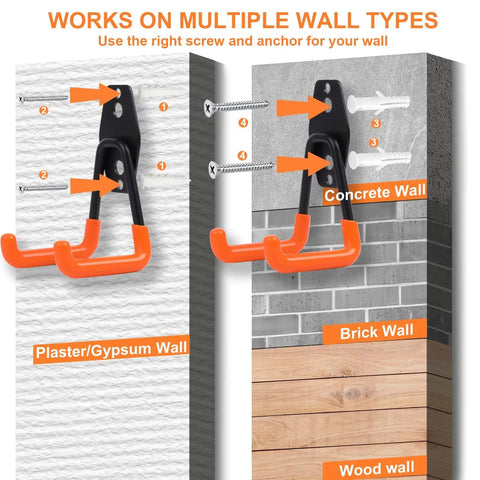 Heavy Duty Garage Hooks Set 20 Pack Wall Mount Utility Hangers For Organization Tool And Ladder Storage Orange With Mounting Screws Space Saving Garage Wall Mounts shown on various wall types