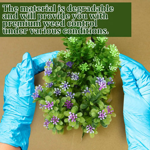Hands in blue gloves holding plants over Heavy Duty Biodegradable Paper Weed Barrier Roll 1.31x50 Ft For Lawn And Garden