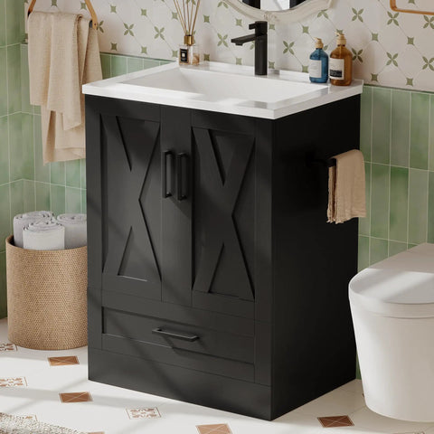 Upgrade Your Setup With This Slick 24 Inch Farmhouse Bathroom Vanity Featuring An Integrated Sink And Plenty Of Storage Cabinet Space In Sleek Matte Black For Clean Rustic Style That Hits Different
