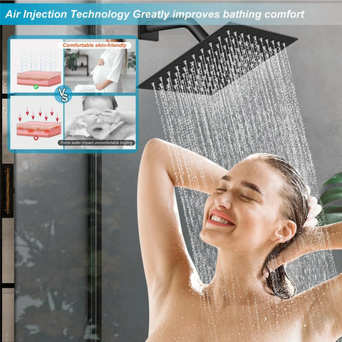 Three Handle Tub Shower Faucet Set With Rainfall Shower Head in use, Matte Black Square Wall Mount Trim Kit visible