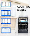 Dual Pocket Money Counter With Built In Receipt Printer And Bank Grade Counterfeit Detection For Hustle Ready Cash Sorting And Serial Number Tracking showing counting modes and error codes.