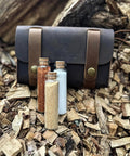 Leather Spice Wallet And Camping Spice Kit For Travel Seasoning Rack With Six Corked Vials for outdoor cooking on wood chips