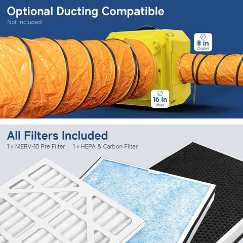 Powerful Beefed Up Three Stage Air Scrubber with MERV 10 filter, activated carbon and HEPA cleaner showing filters and ducts