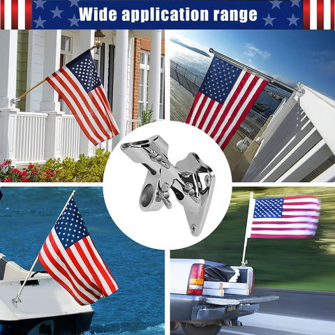Collage of Marine Grade 316 Stainless Steel Flag Pole Holder Mount for outdoor flag setups on homes, boats, trucks.