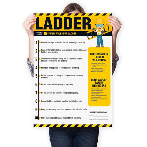 Person holding Essential Ladder Safety Poster With OSHA Rules, 10 Must-Know Ladder Guidelines For Safe Climbing, Setup, Inspection, And Storage, Waterproof Tear-Resistant Workplace Training Sign