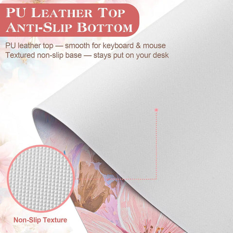 Close-up of Pastel Pink Blue Floral Watercolor Desk Pad For Keyboard And Mouse Extended 31.5 Inch Wide Desk Mat With Non Slip Base and Waterproof PU Leather.