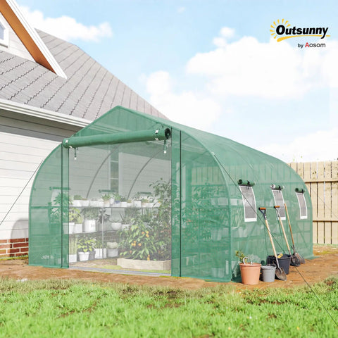 Walk In Tunnel Greenhouse With Shelves And Mesh Door For Easy Plant Care Great For Weekend Green Thumbs Outdoor Greenhouse With Two Tier Racks Windows PE Cover Perfect For Patio Garden on a patio