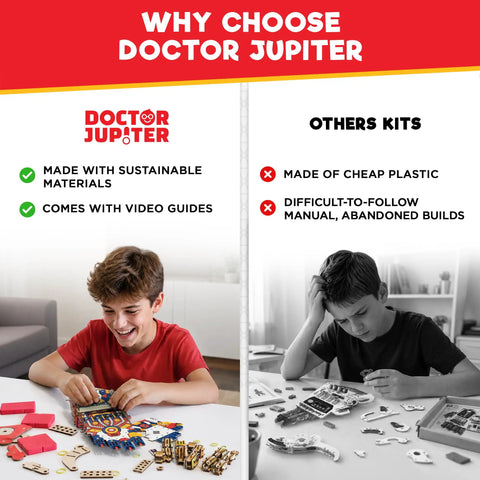 Hands On Robotic Hand Kit For Kids Ages Eight To Thirteen, Wearable Cool Gripper Build Kit To Learn Engineering And Anatomy Through Play, DIY STEM Toy Gift For Birthday Fun And Creative Problem Solving. boy assembling wooden STEM kit on table