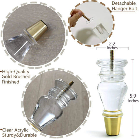 Clear Acrylic Furniture Legs Set of 4 Replacement Feet for Sofas Couches Cabinets and Dressers, Mid Century Modern Look, Gold Detail
